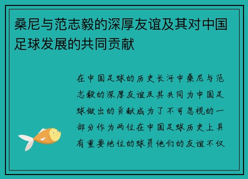 桑尼与范志毅的深厚友谊及其对中国足球发展的共同贡献